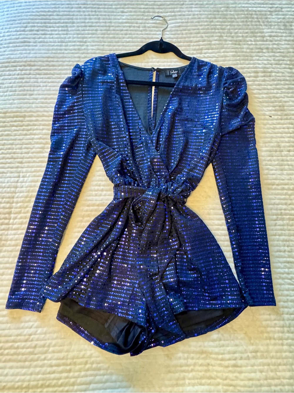 Lulu's Blue Sequin Long-Sleeve Wrap Bodysuit Romper